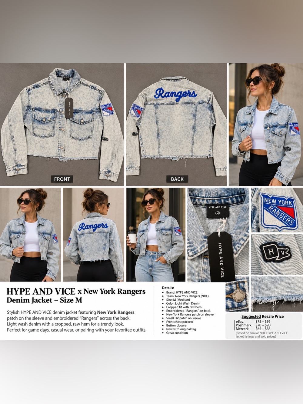 Hype and Vice New York Rangers Women’s Cropped Denim Jacket Size M NWT NHL